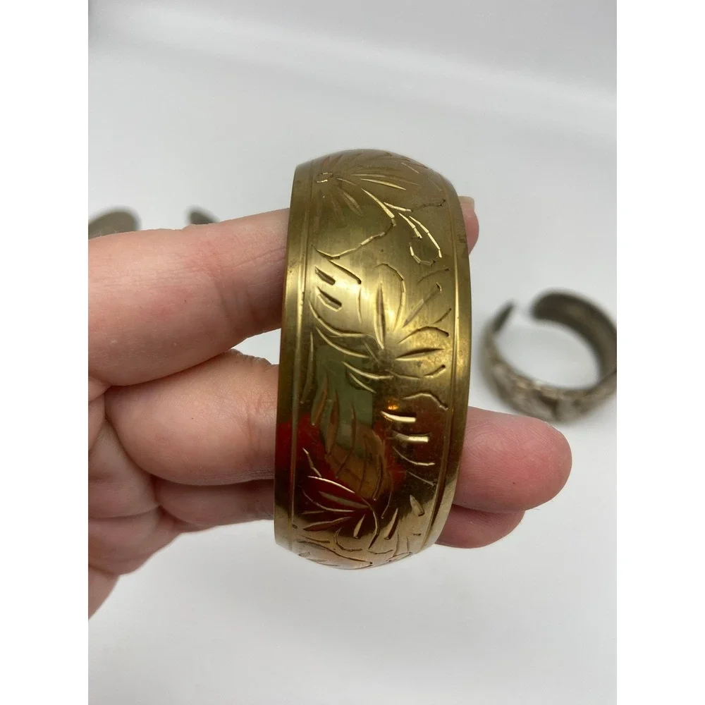 Set of 3 Vintage Boho Cuff Bracelets‎ Ornate Floral Leaf Gold Tone Silver Tone